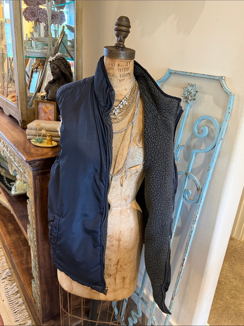 Reversible Puffer Vest in Navy and Charcoal ~ plaid & Sherpa